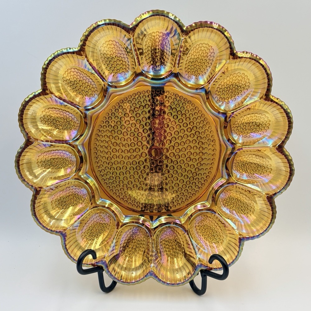 Vintage Indiana Glass Co. Amber Gold Iridescent‎ Hobnail Carnival Glass Egg Dish